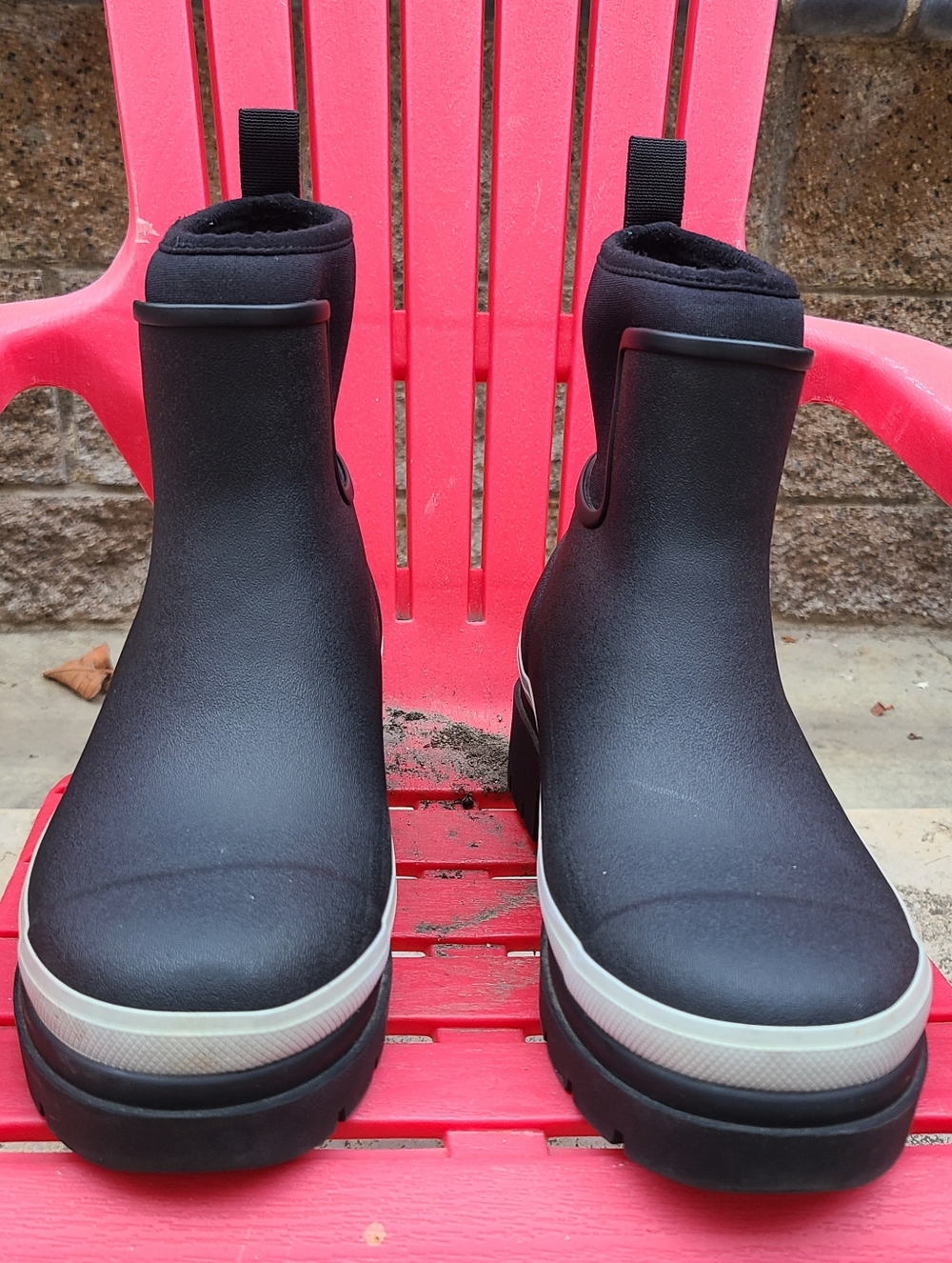 Merry People Black Platform Rain Boots with White Accent - Retired Colorway